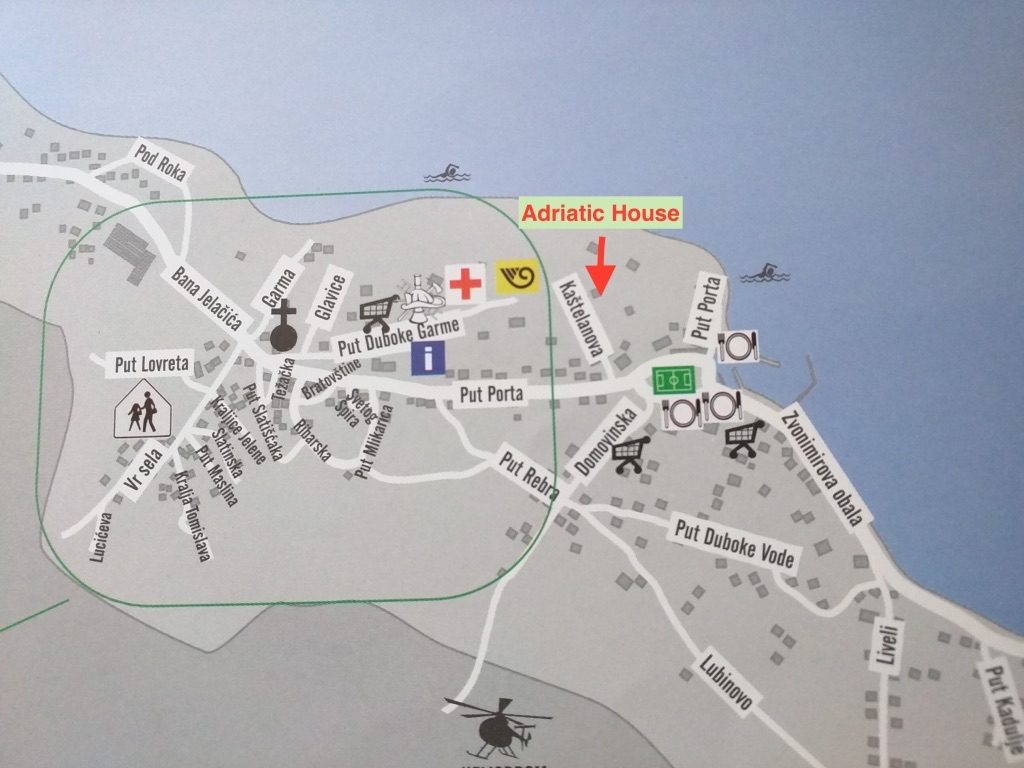 Close-up map of Slatine showing Adriatic House and nearby amenities
