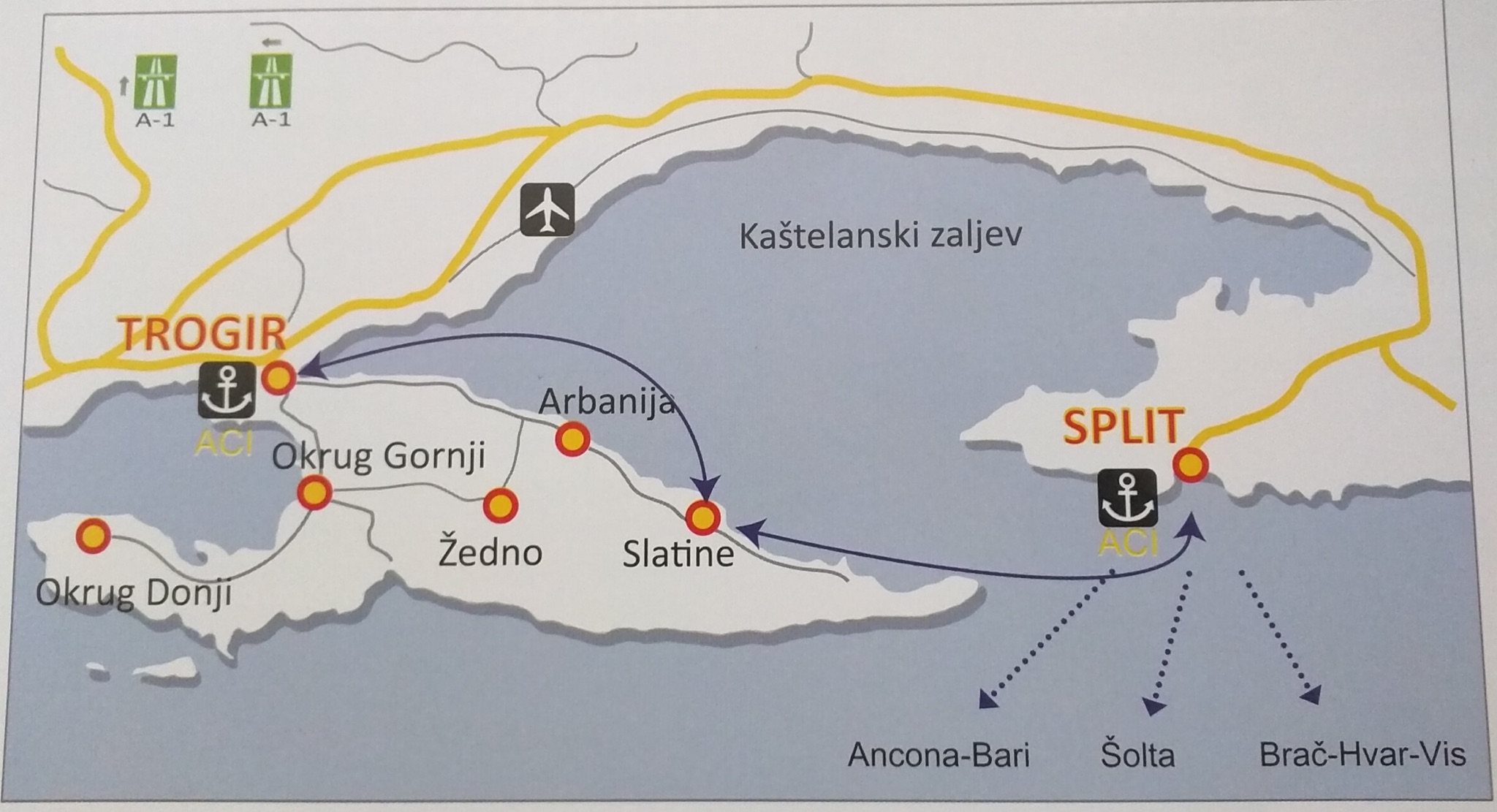 Regional map of the Dalmatian coast showing Čiovo island between Split and Trogir